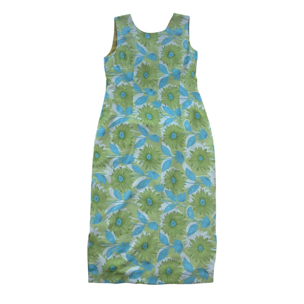 Vintage 1960s Floral Maxi Dress Mod Flower Power Sleeveless Sheath Green Blue